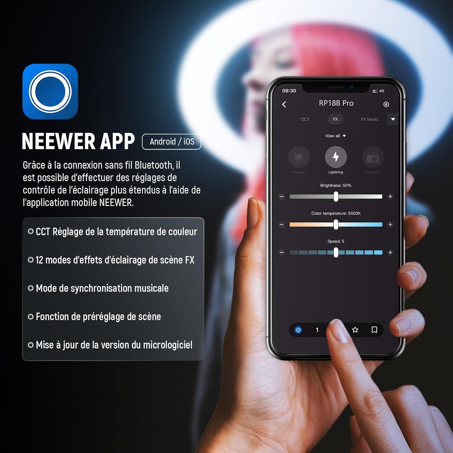 Thumbnail 4 de NEEWER RP18B Pro – Light Anneau 18" ultra fine avec trépied, contrôle Bluetooth via APP et obturateur à distance
