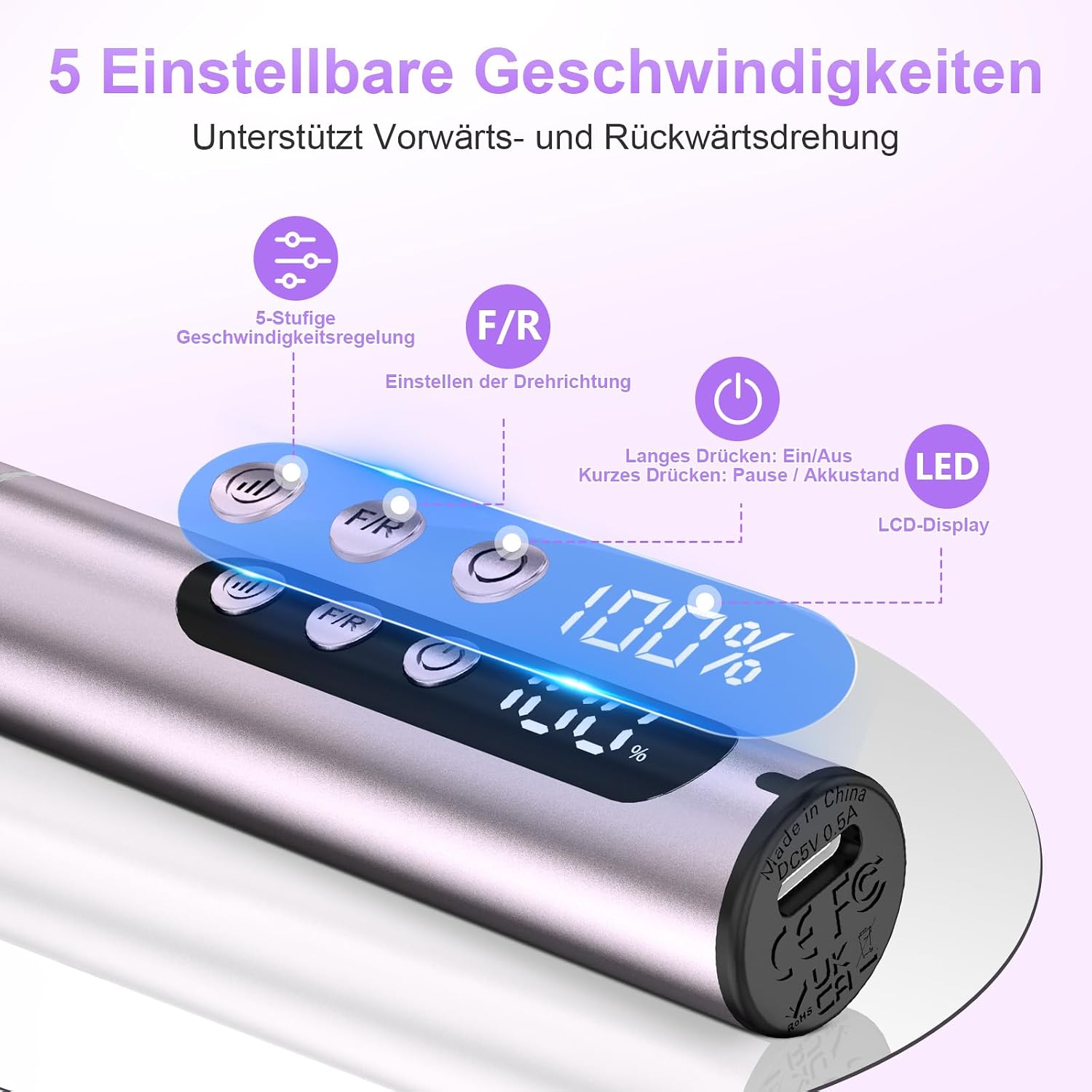 Detalle de POFIBO Nagelfräser Kabellose Elektrische Nagelfeile – 12 in 1, 5 Geschwindigkeiten, LCD, 35000 U/min, Leichtgewicht für Nägel & Acrylnägel