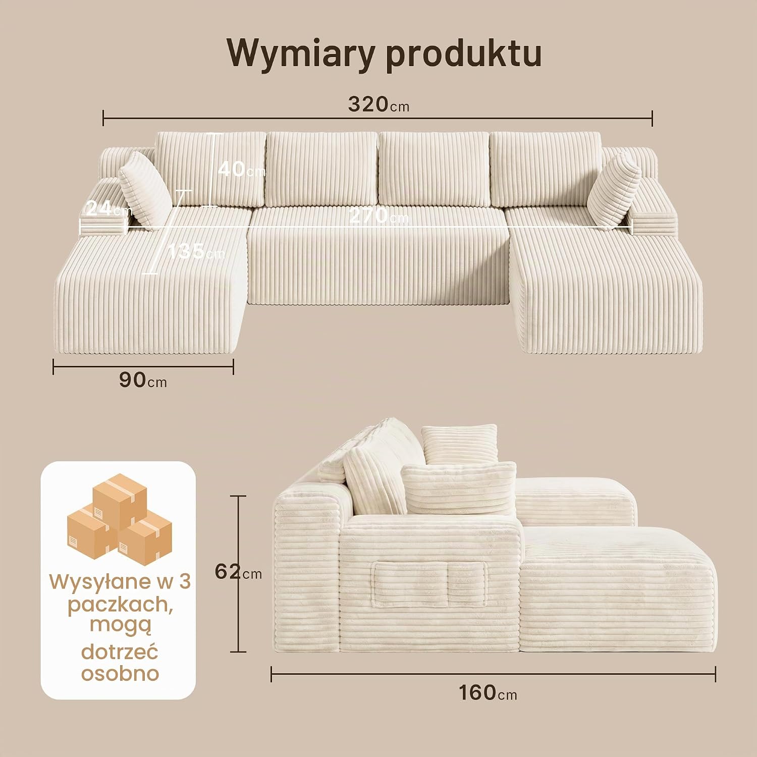 Detalle de Xbro AR45 – modułowa sofa narożna U 320 cm, rozkładana, sztruksowa, beżowa