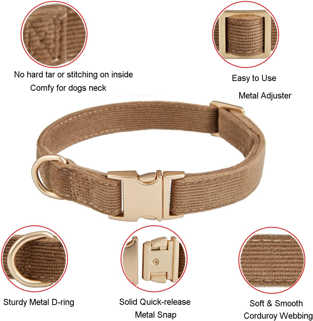 Detalle de YUDOTE Ultra-soft Dog Collar in Natural Cotton Corduroy (Coffee Brown) – Medium (M)