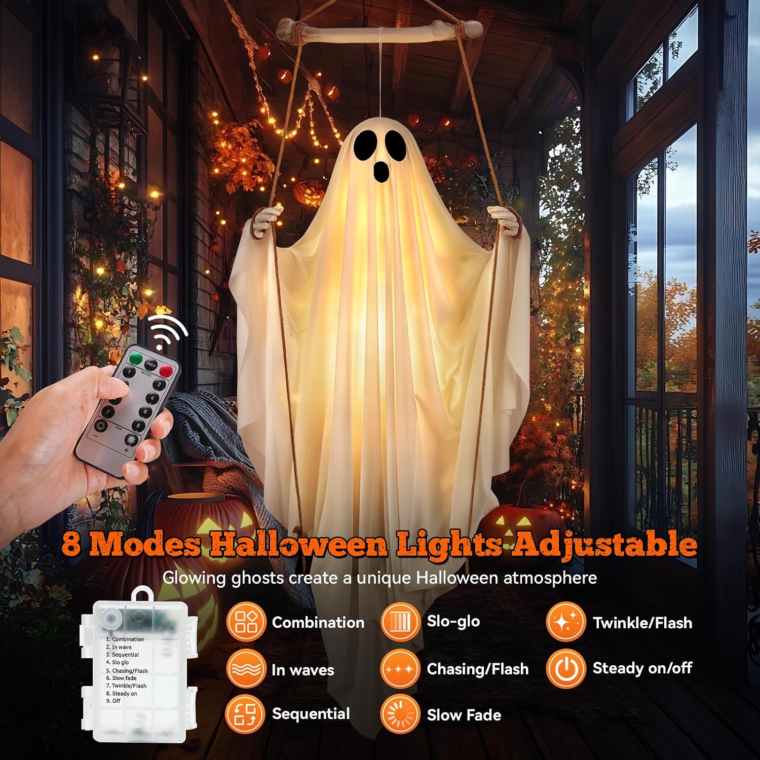Thumbnail 3 de Jibeufi 5-Foot Hanging Ghost Halloween Decoration with Remote and 8 LED Modes