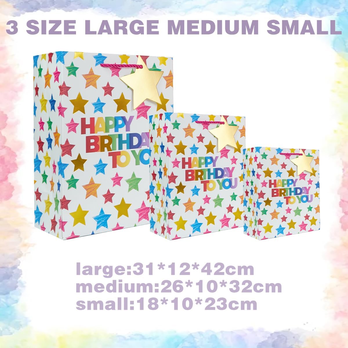 Detalle 2 de Happy Birthday Gift Bag Bulk: 3 Assorted Sized Gift Bags with Handles and Tags (White)