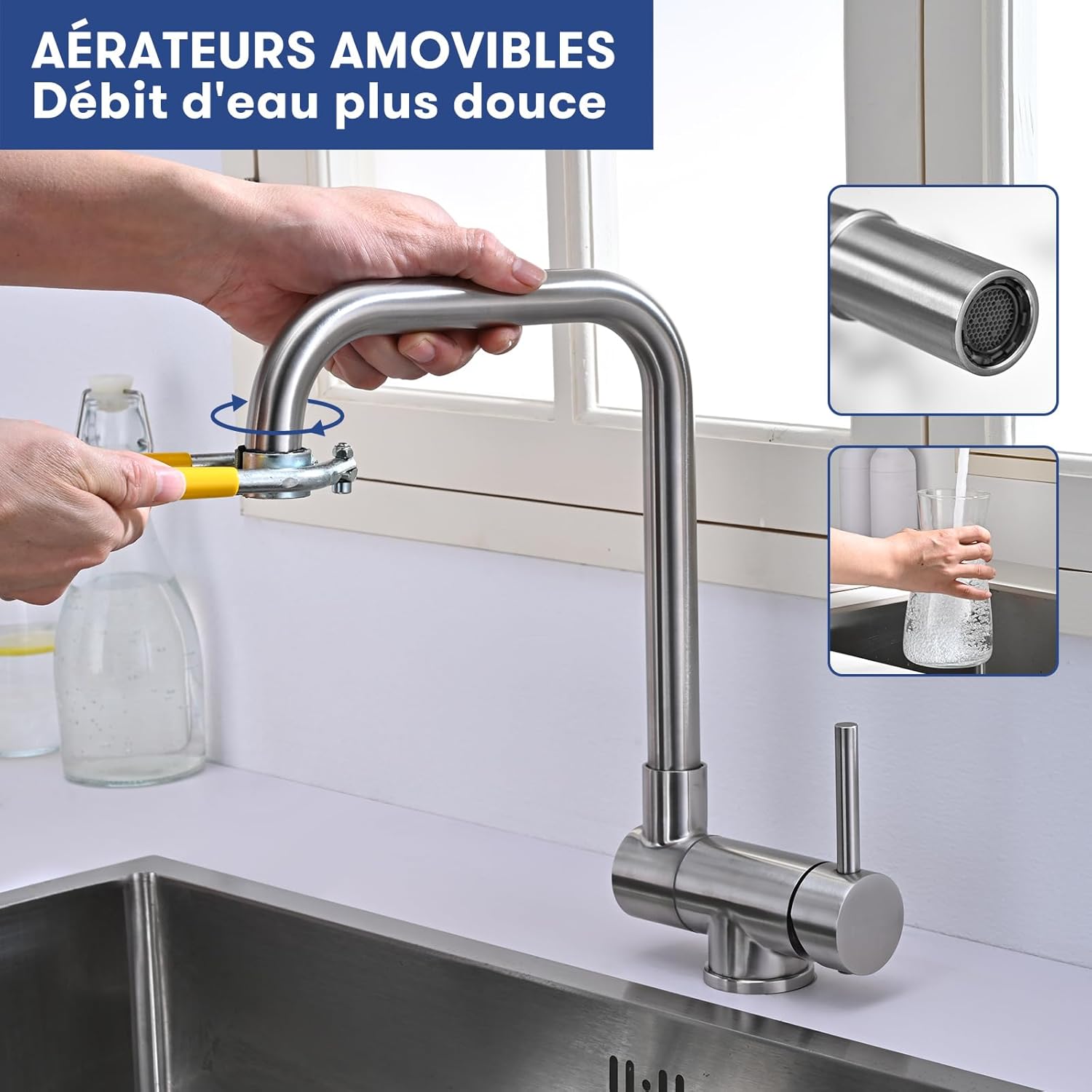 Thumbnail 3 de Mitigeur Cuisine rabattable BuntHaus avec bec pivotant 360° et acier inox 304 brossé