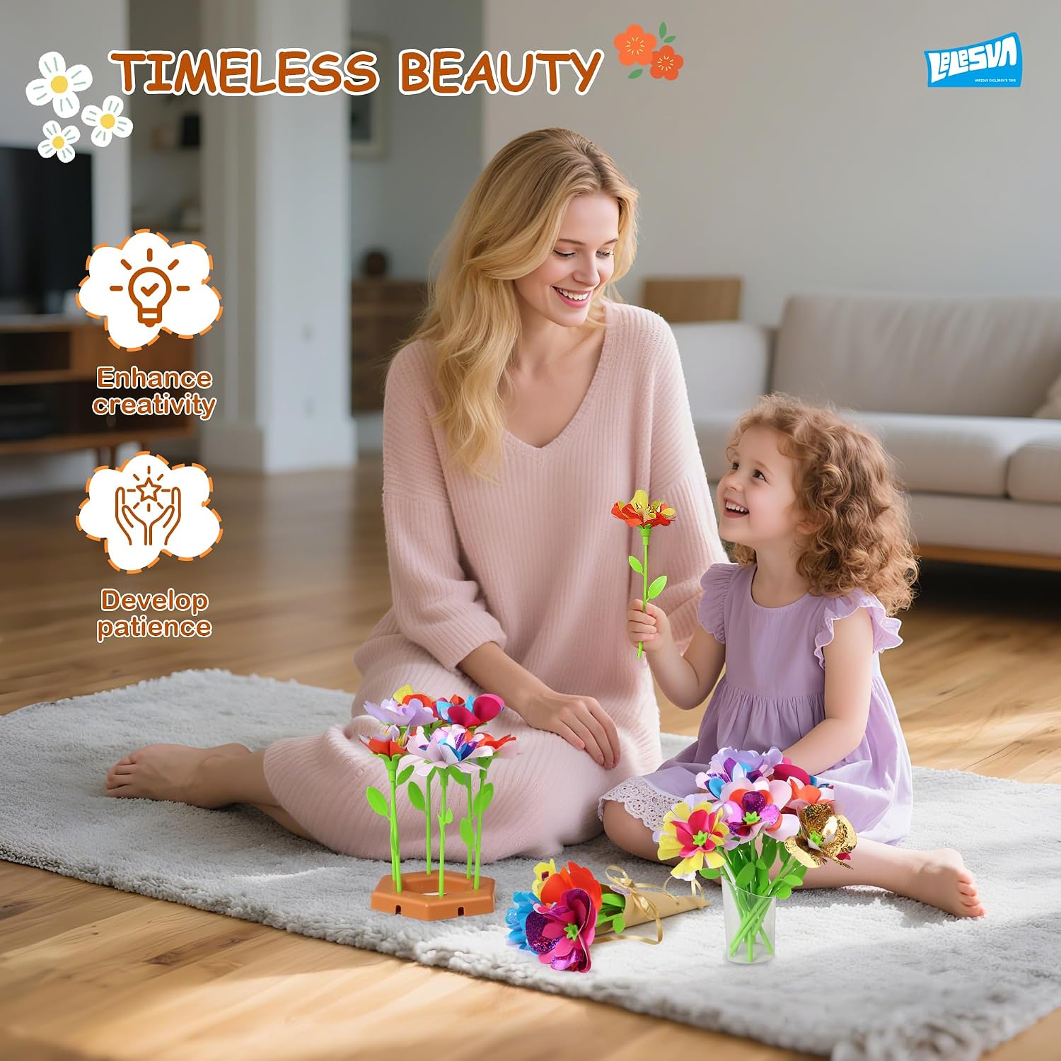 Detalle de LELESUN Kit fai da te con bouquet di fiori di stoffa e pressa per fiori per bambini (4–12 anni)