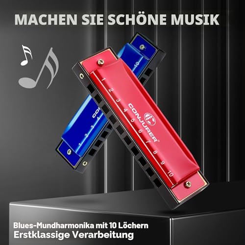 Detalle de Conjurer Blues Mundharmonika C-Dur WH1001 – 10-Loch Diatonische Harmonika, rotes Aluminiumgehäuse