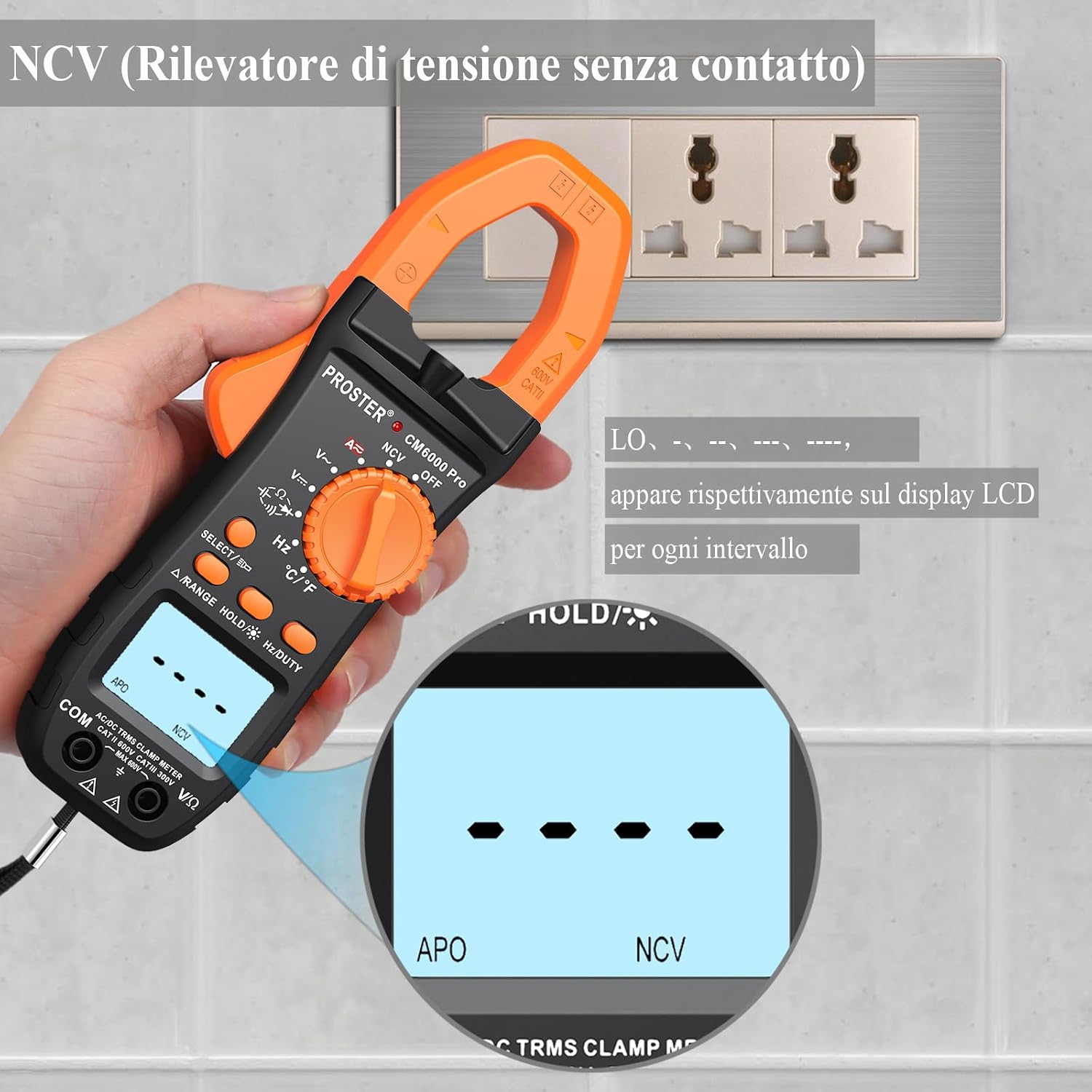Detalle de Proster Pinza amperometrica auto-ranging TRMS con NCV e test di continuità (arancione)