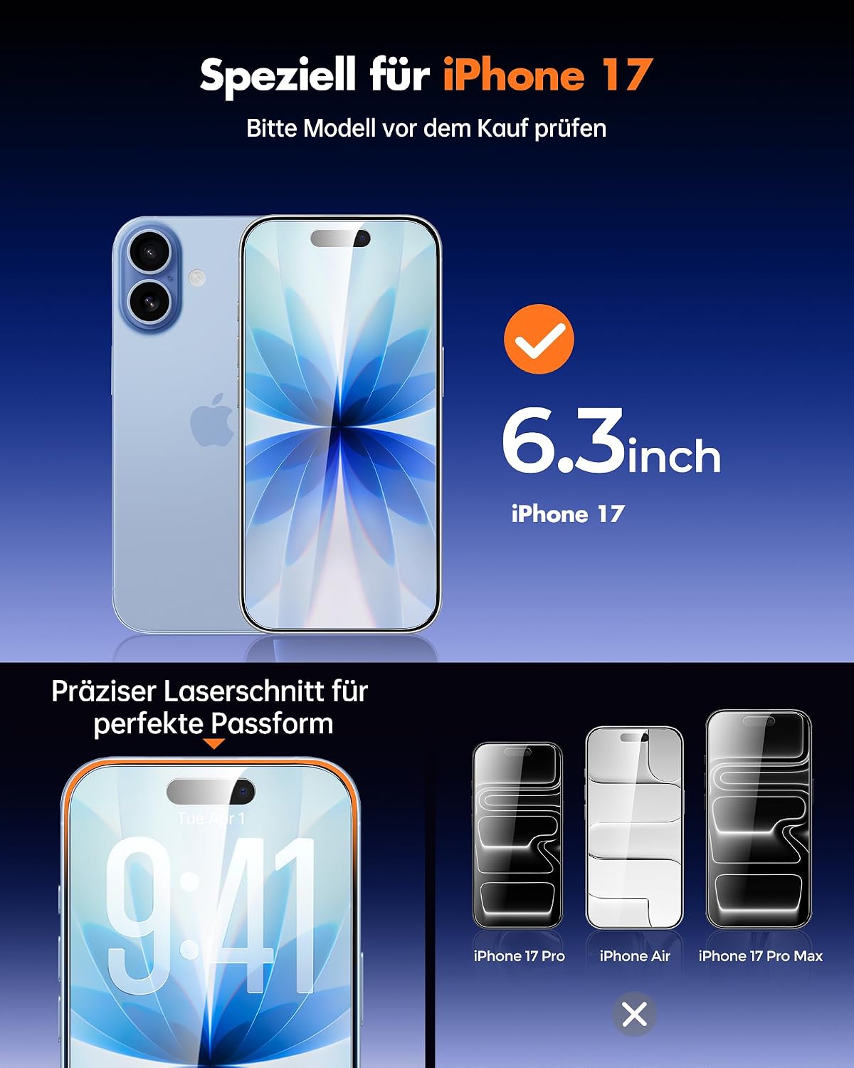 Detalle 2 de UNBREAKcable Panzer Sichtschutz Glas für iPhone 17 (6,3 Zoll) – Privacy Screen mit Anti Spy, 2er Set