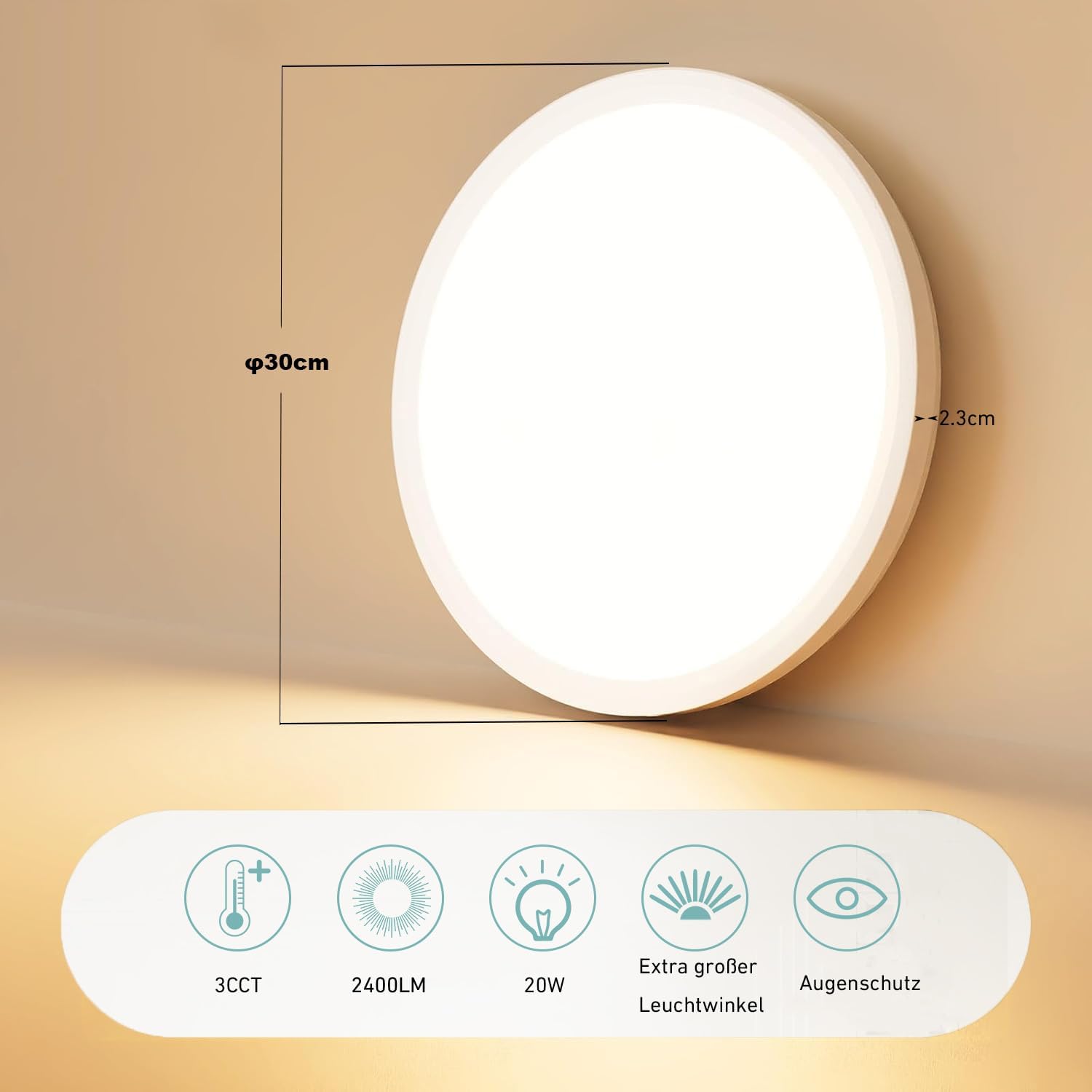 Thumbnail 1 de MGEELED Deckenleuchte Ø30 cm, 20W, 2400 lm, 3 Farbtemperaturen (3000K/4000K/6500K) – IP44