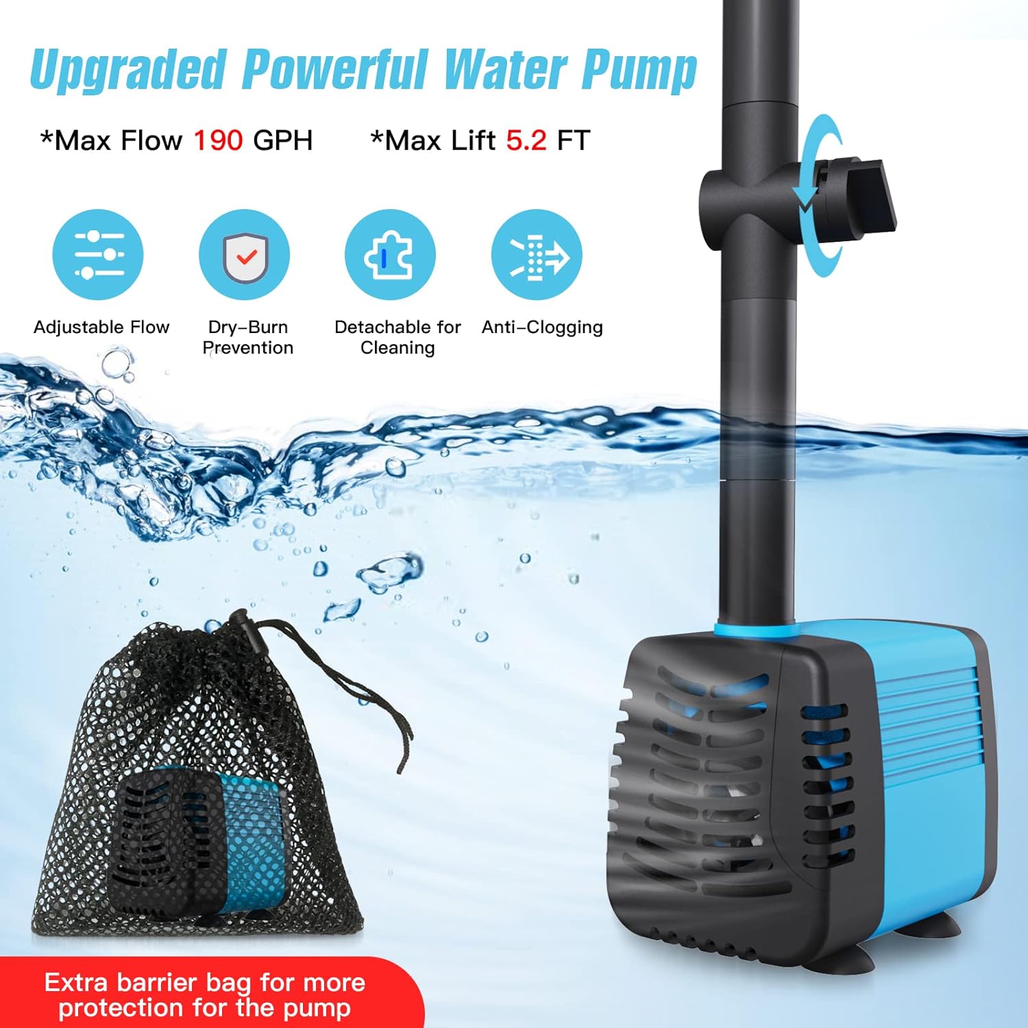 Thumbnail 1 de Solarteichpumpe 15W – Solarbrunnenpumpe mit 720 L/h, 4 Düsen, 5 m Kabel, Schutzsack