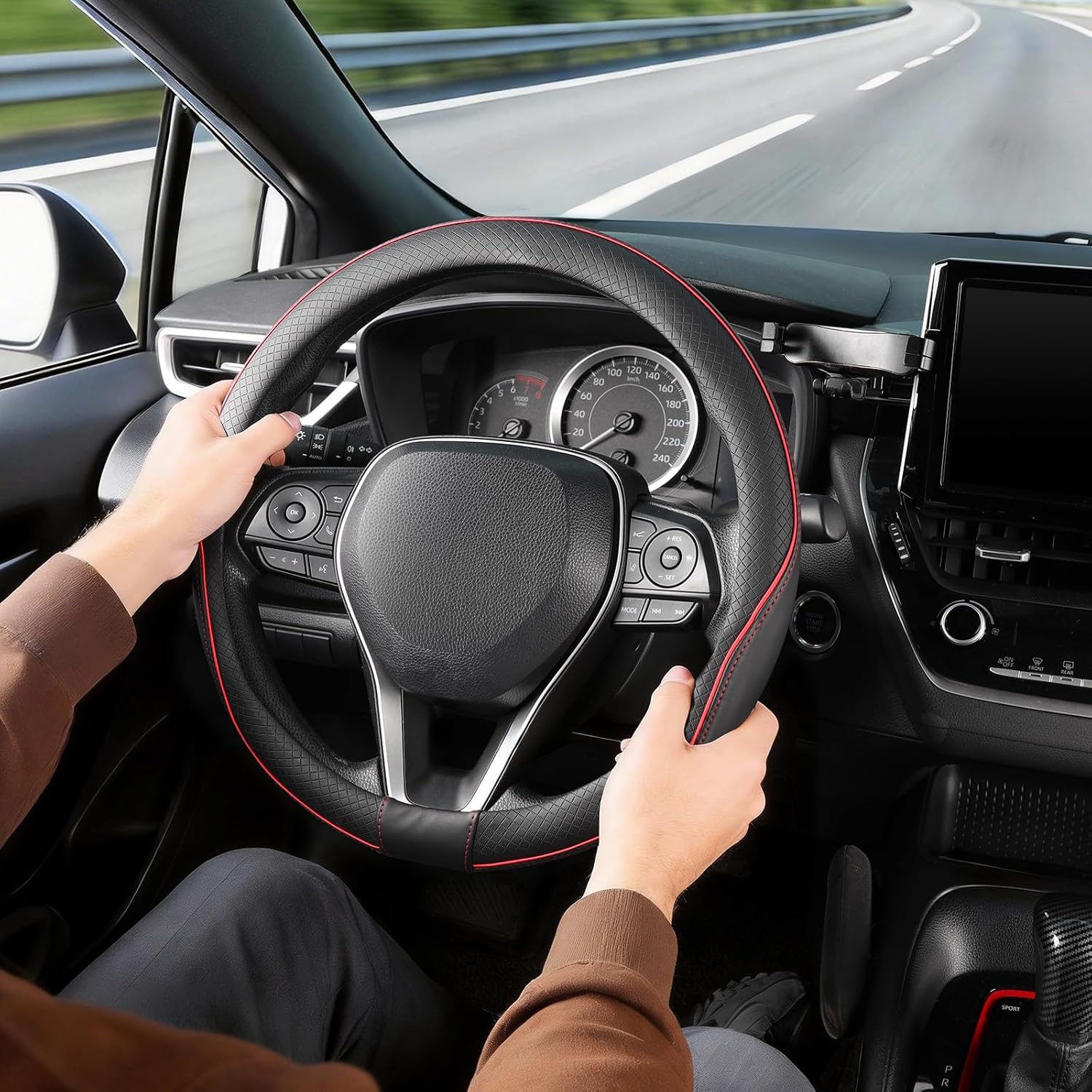 Thumbnail 1 de SEG Direct Steering Wheel Cover 37-39cm Medium – Microfiber Leather, Non-Slip Grip, Black & Red