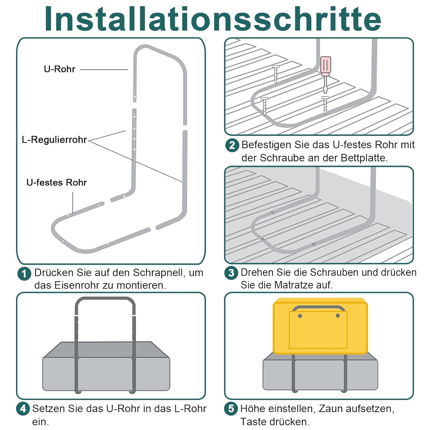 Thumbnail 3 de HENGMEI Bettgitter 180 cm – höhenverstellbares Absturzschutzgitter in Leinengrau