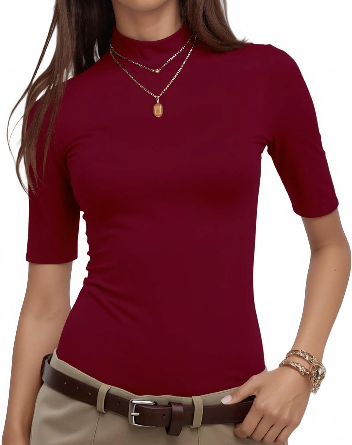 Thumbnail 6 de WOWENY Kurzarm-Rollkragen-Shirt mit Spitze