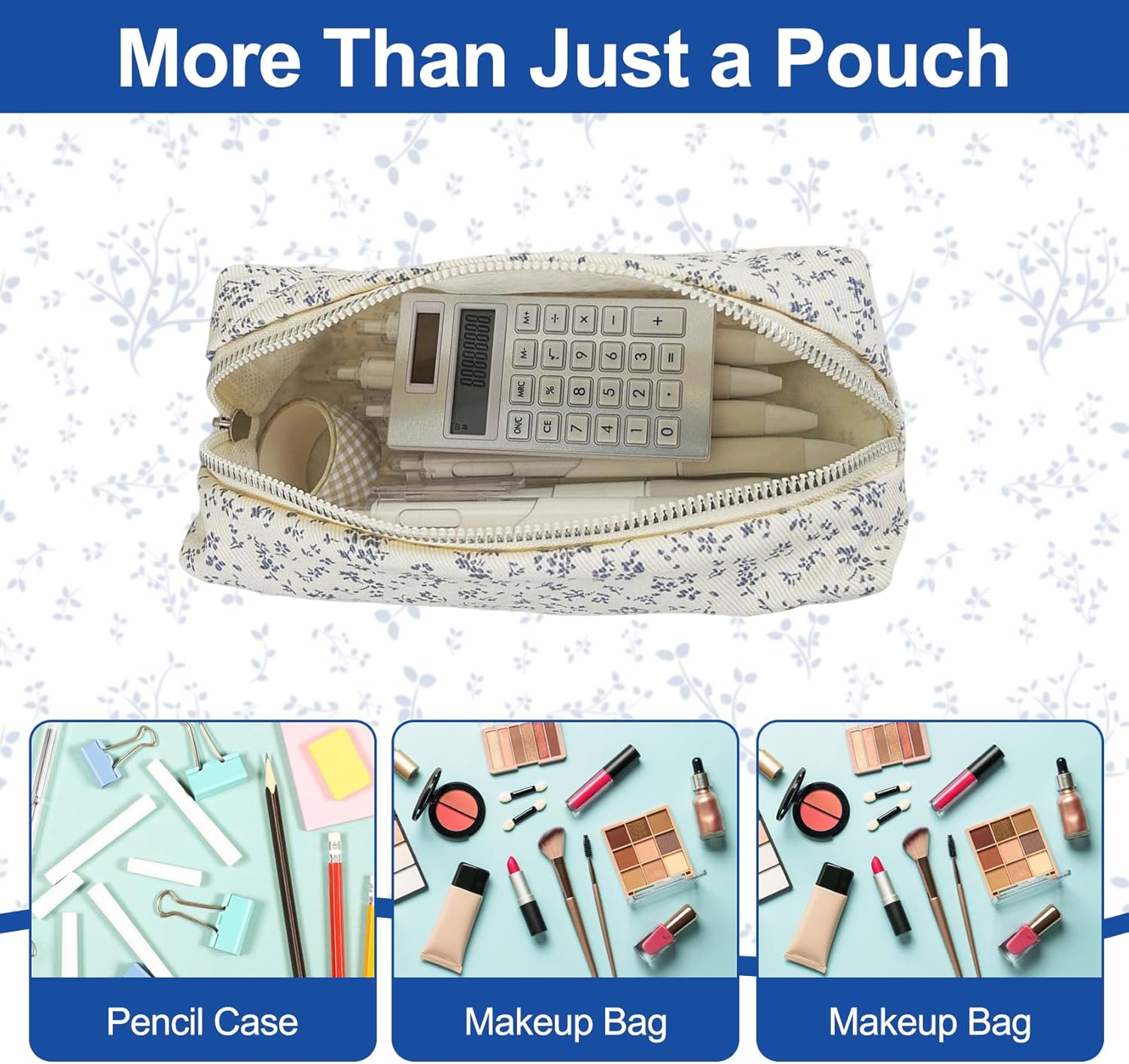 Thumbnail 3 de ANBOO 2Pcs Floral Pencil Case Set – White Canvas with Blue Flowers