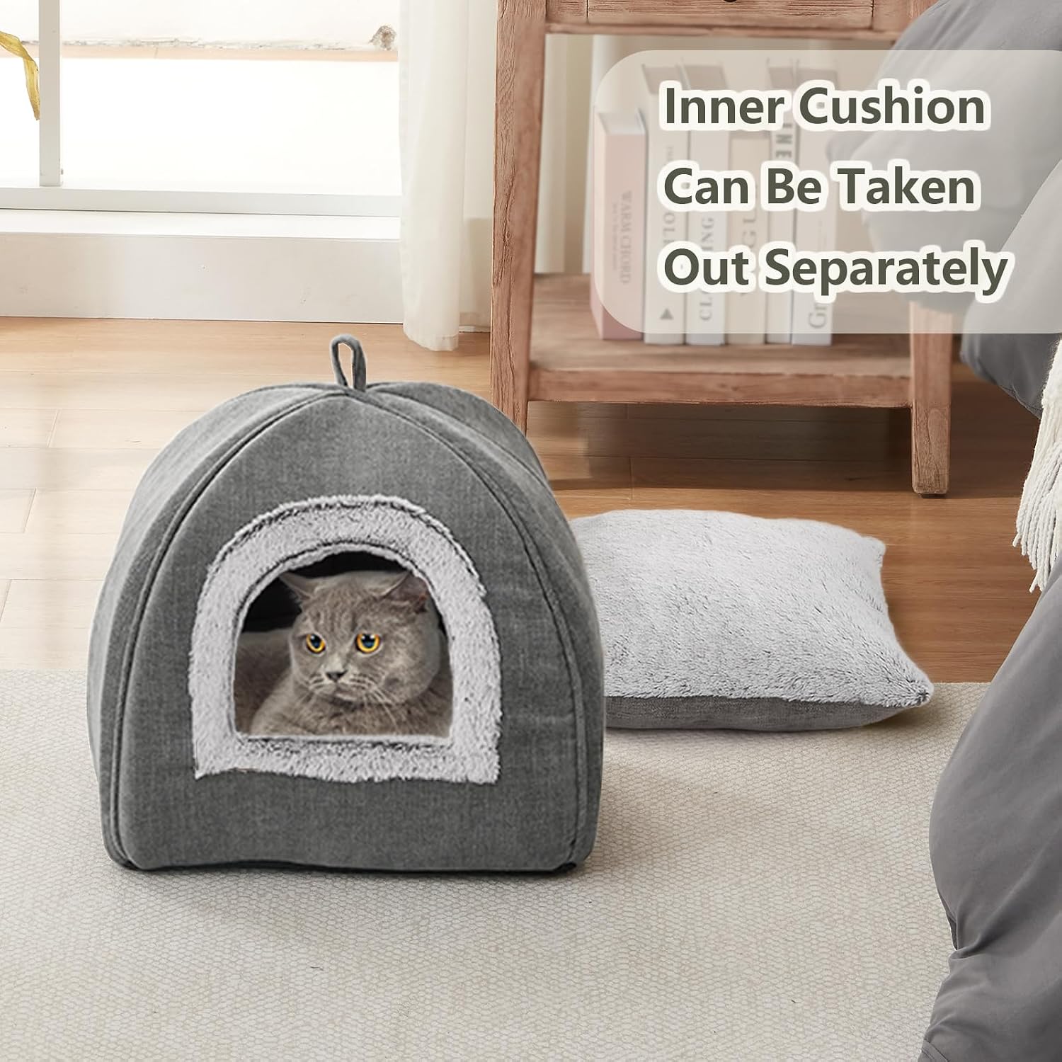 Detalle 2 de Cat Bed for Indoor Cats - Plush Cat Cave Bed with Removable Washable Cushion (Grey, Large 44.5x44.5x44.5 cm)