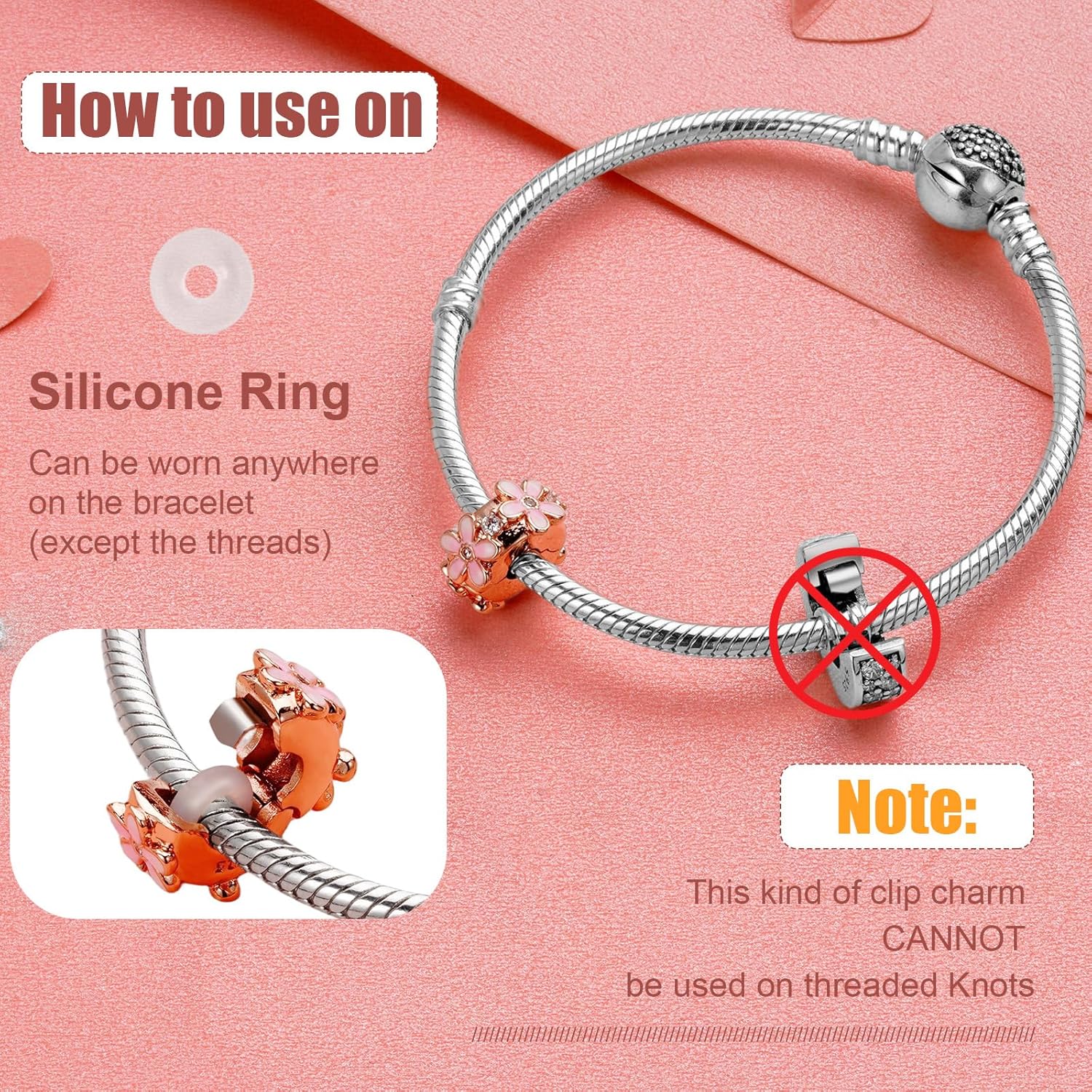 Thumbnail 6 de Amuefer Clip Spacer Charms aus 925 Sterling Silber – Pink Pavé Shell für Armbänder und Ketten