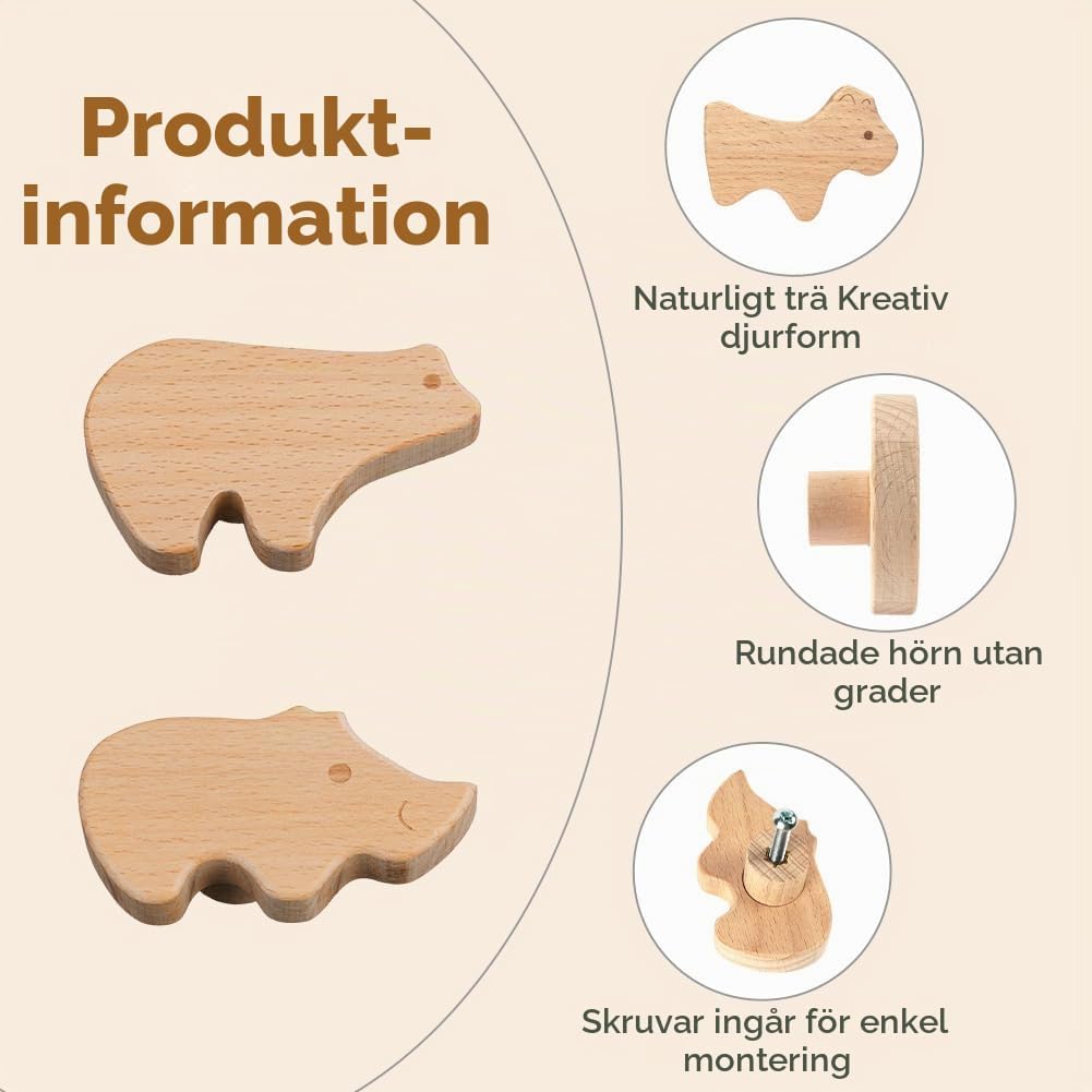 Detalle de Aolso skåpknoppar i trä för barnrum, 12 djurformade knoppar med skruvar