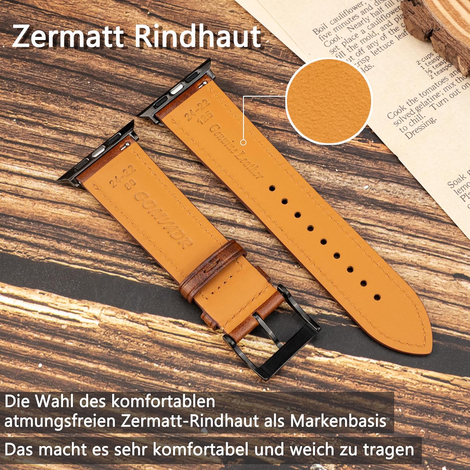 Detalle de Gomvadr Lederarmband für Apple Watch – 38–49 mm, Wachsöl-Leder, Edelstahl-Schnalle