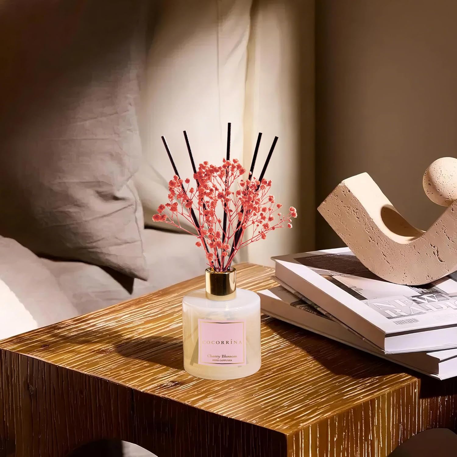 Detalle 2 de COCORRÍNA Cherry Blossom Reed Diffuser – 6.7 Fl oz Set with Sticks & Preserved Baby's Breath