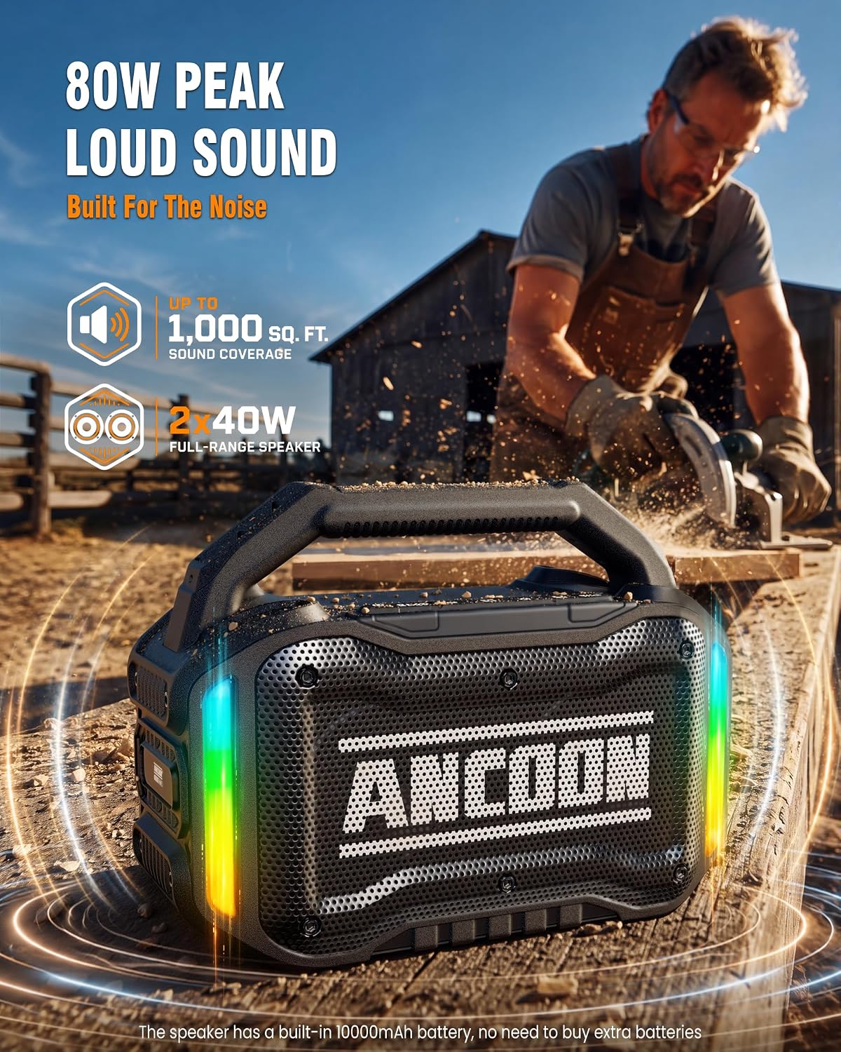 Detalle 2 de ANCOON 80W Bluetooth Portable Speaker with Bass