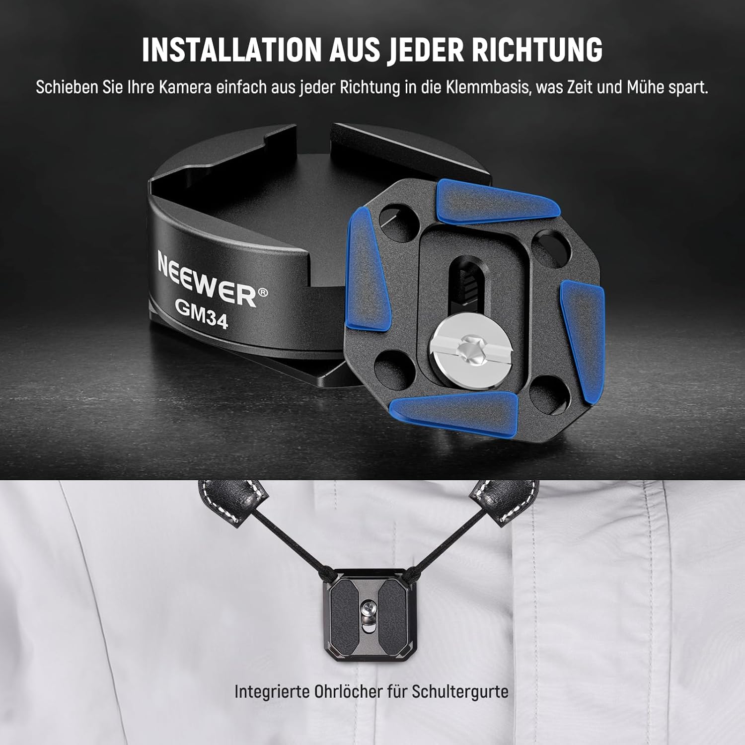Thumbnail 1 de NEEWER GM34 Kamera Schnellwechselplatten-Set (QR) mit Arca-Swiss-Klemme, 1/4“ Gewinde und Sicherheitsverriegelung
