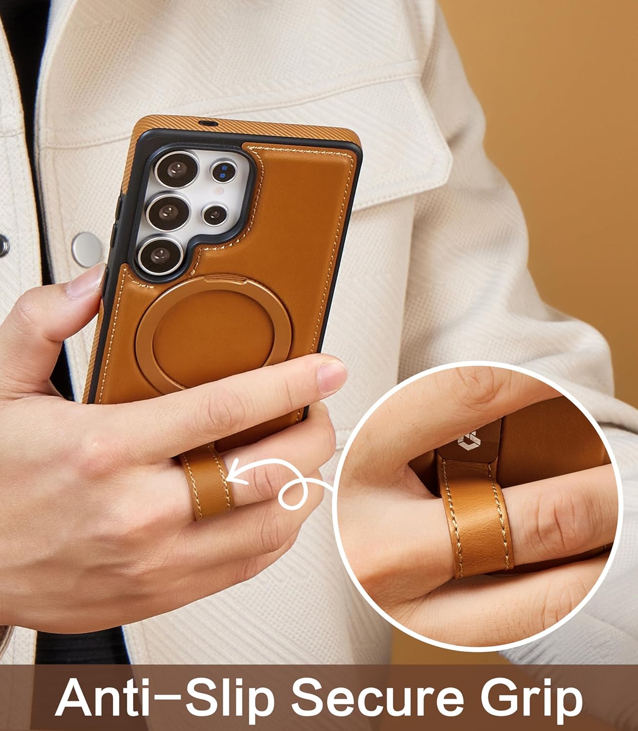 Thumbnail 3 de Butaiga Leather Case with Stand for Samsung Galaxy S26 Ultra (Brown) – Anti-Slip Grip Ring, MagSafe Compatible