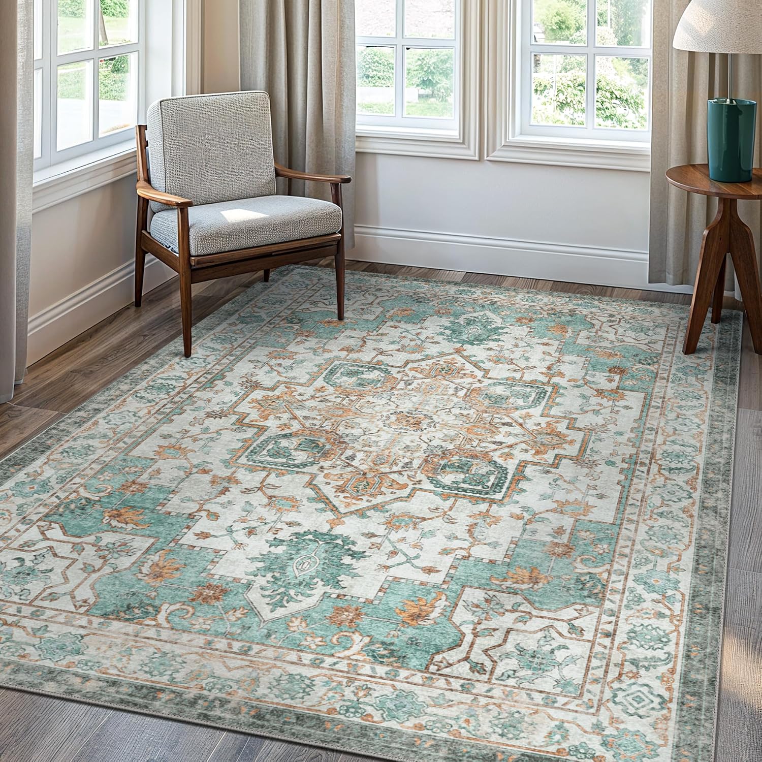 Detalle de GENIMO Area 8' x 10' Washable Low-Pile Floral Area Rug, Turquoise/Ivory
