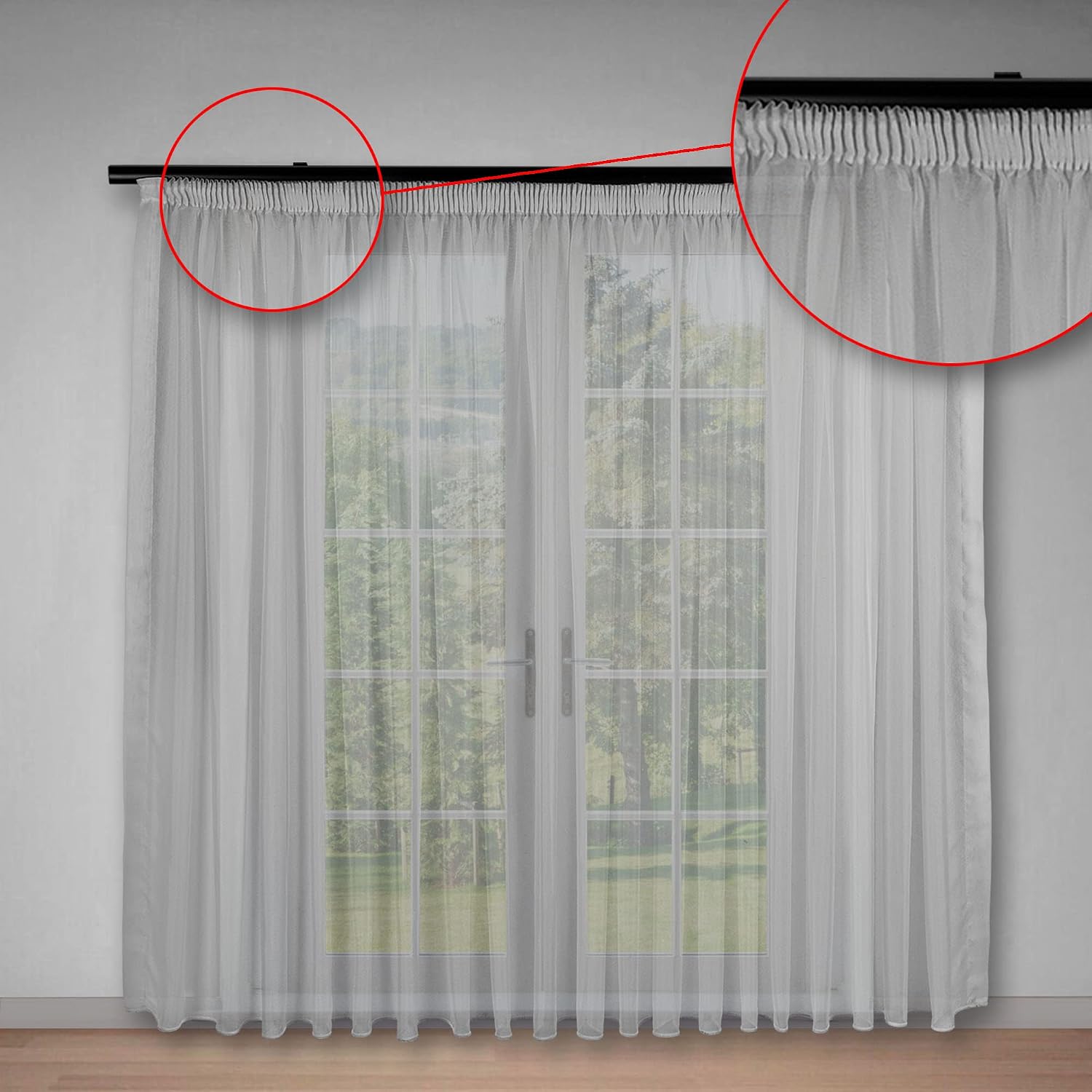 Detalle de Weiße Voile halbtransparente Vorhänge mit Kräuselband und Bleibandabschluss (230 x 200 cm)