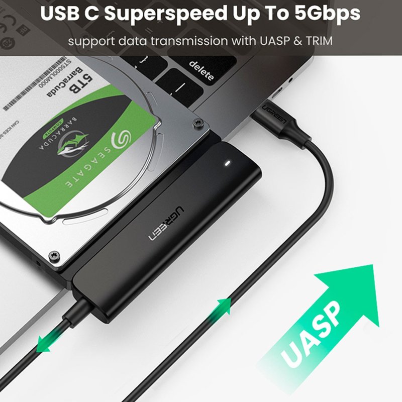 Detalle de Adaptador Ugreen CM321 USB-C a SATA 2.5″ 6Gbps UASP/TRIM Plug&Play – Negro