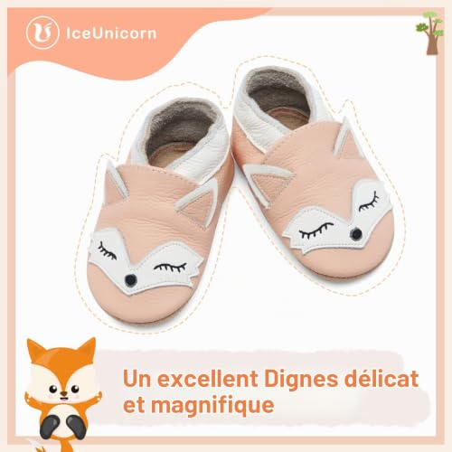 Detalle de IceUnicorn Chausson Bébé Cuir Souple Renard Rose – 12-18 mois