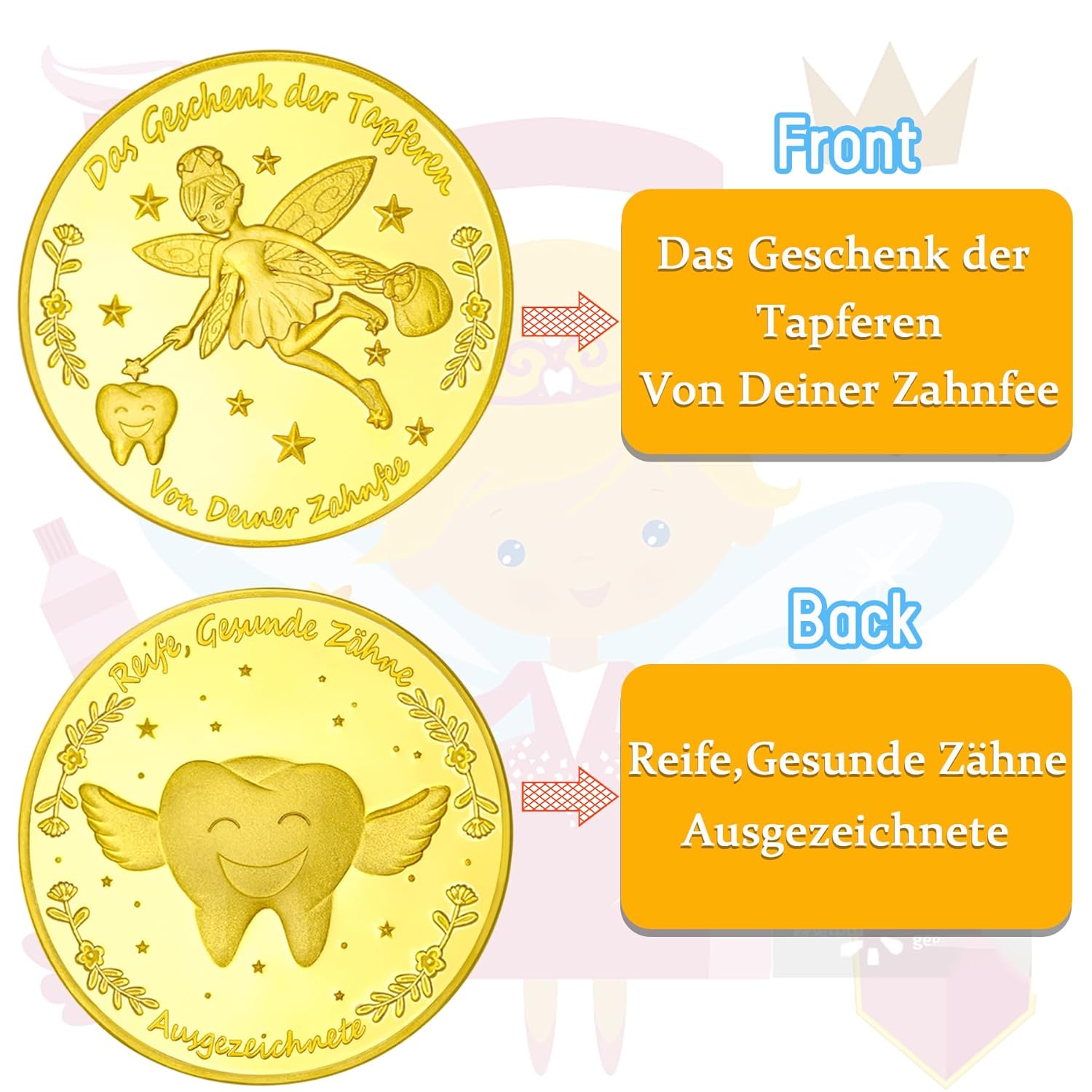 Detalle de VEEKAY 10 Stück Zahnfee-Münzen (Goldfee) – Souvenir & Belohnung für verlorene Milchzähne