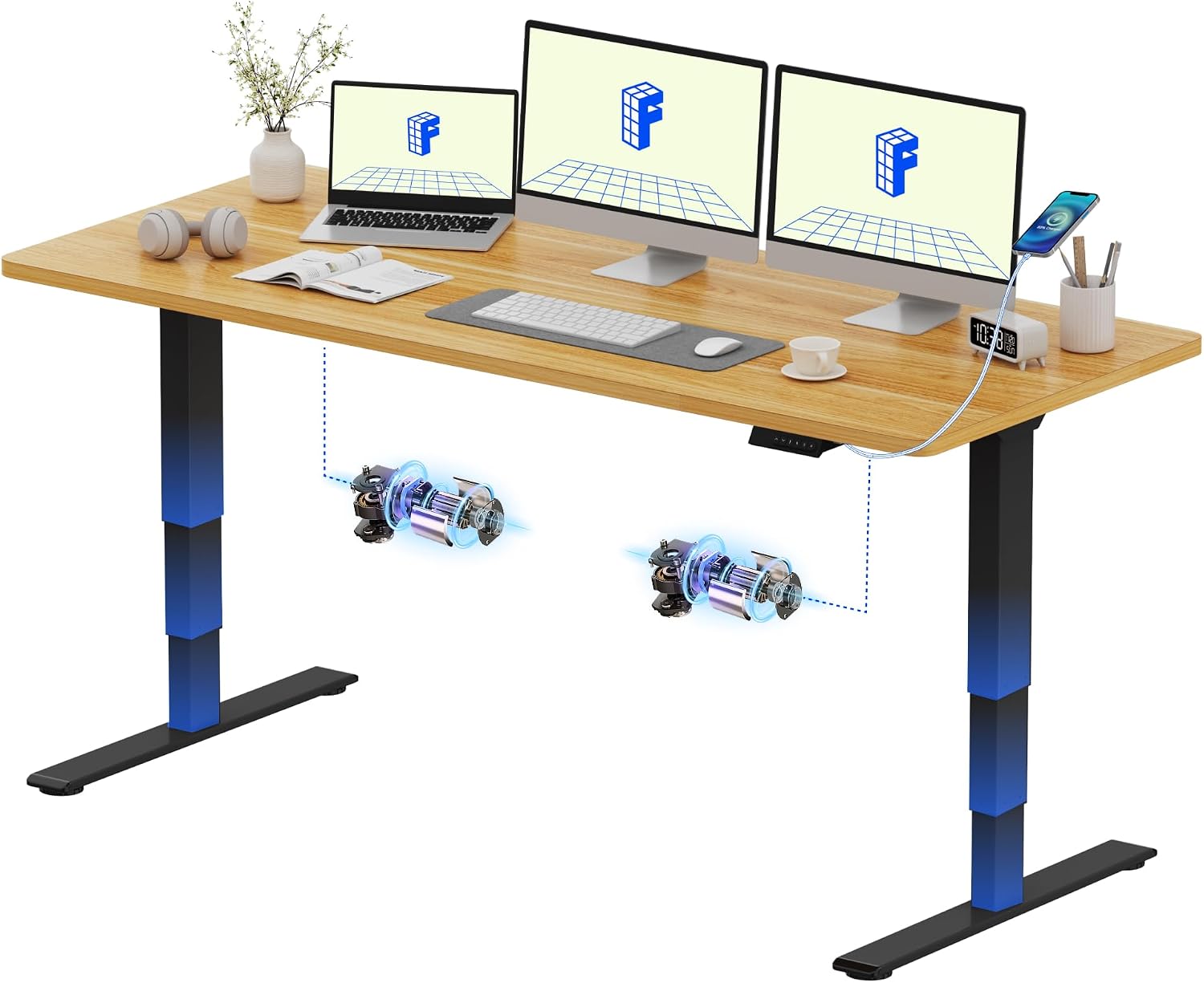 Detalle de FlexiSpot E5 Electric Standing Desk (2 motors, 3-stage) with smart panel, anti-collision system – 180 x 80cm, Black & Maple