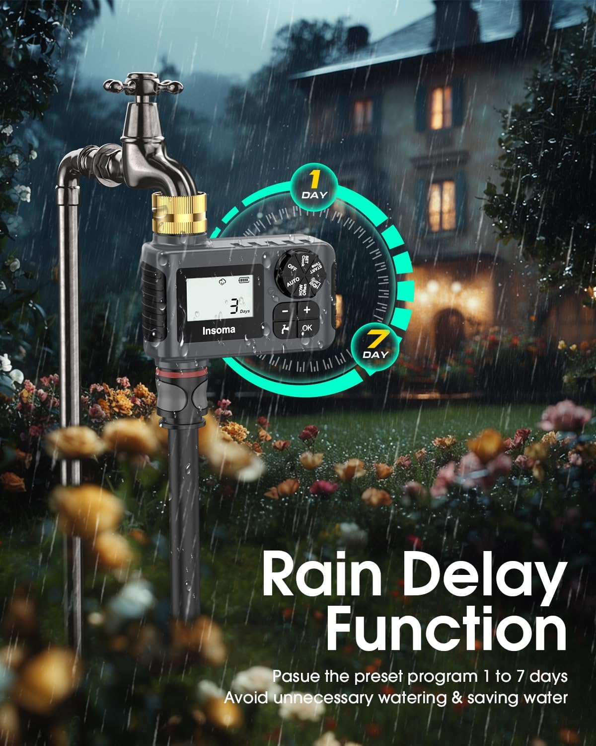 Detalle 2 de Insoma Water Timer for Outdoor Garden Hose with Rain Delay, Manual Mode & LCD