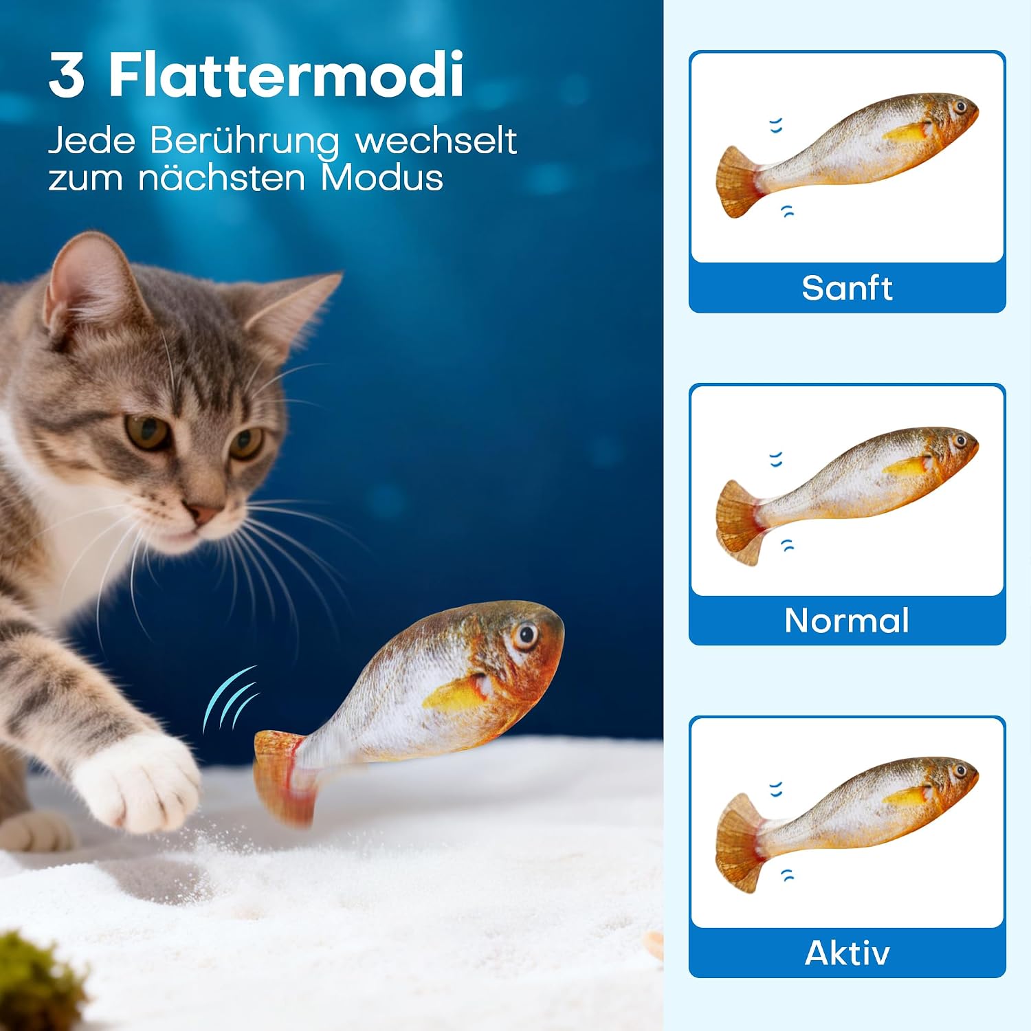 Detalle 2 de Potaroma Katzenspielzeug – Interaktives, aufladbares Fisch-Spielzeug-Set (3er) mit Katzenminze und 3 Flattermodi