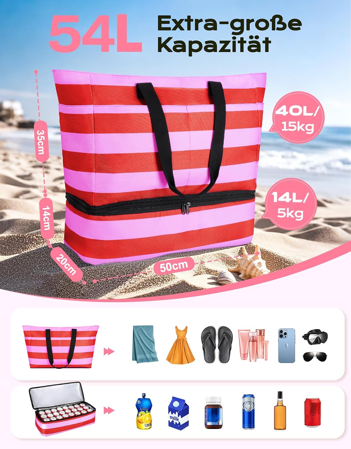 Detalle de CIRYCASE Strandtasche XXL Familie mit Kühlfach – 54L, wasser- und sandfest, faltbar, mit Nassfach