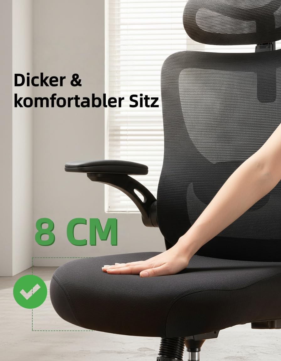 Detalle de Marsail ergonomischer Bürostuhl mit verstellbarer Lordosenstütze, Kopfstütze und 2D-Armlehnen (schwarz)