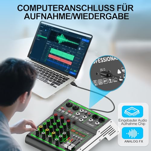 Detalle de Aveek Audio Mixer – Professionelles 4-Kanal Mischpult mit USB/Bluetooth und 48V Phantomspeisung