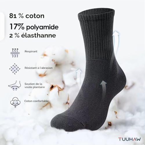 Detalle de TUUHAW Chaussettes de sport 39-42 en coton gris, éponge coussinée