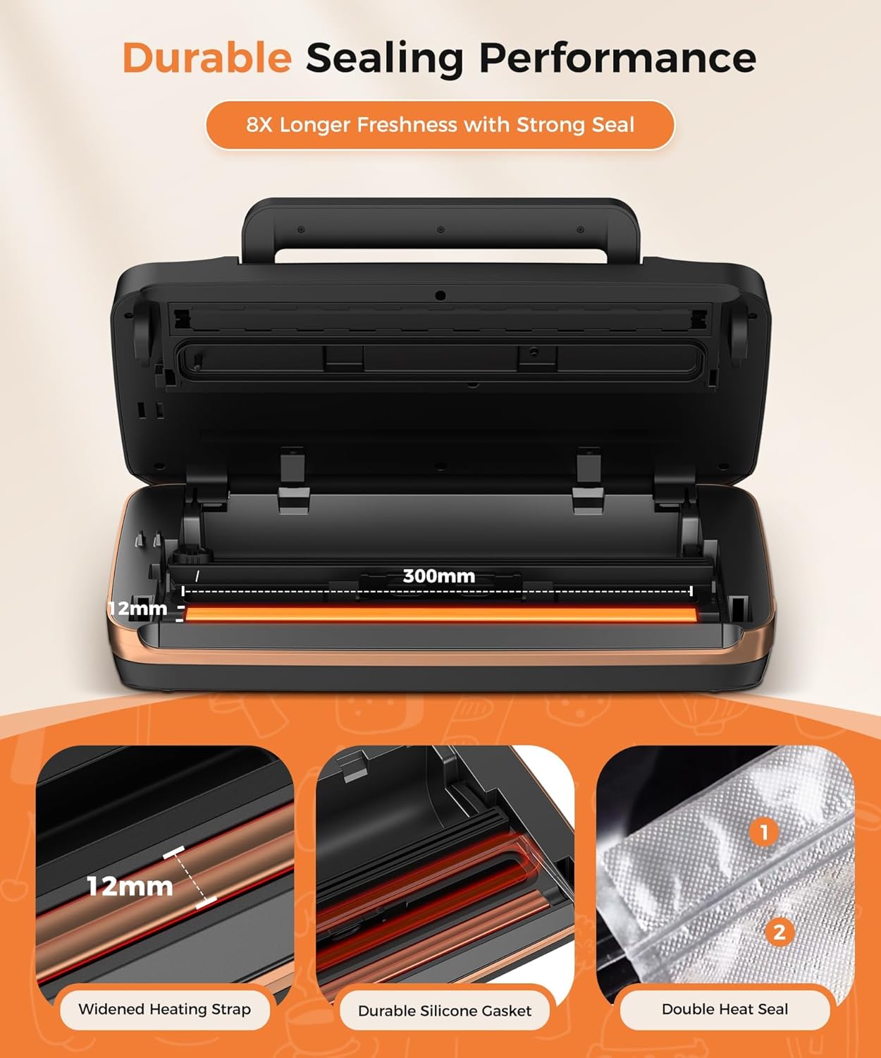 Thumbnail 5 de Vacuum Sealer Machine (95kPa) with Double Seal, Built-in Cutter & Bag Storage — Includes Free Bags (Black)