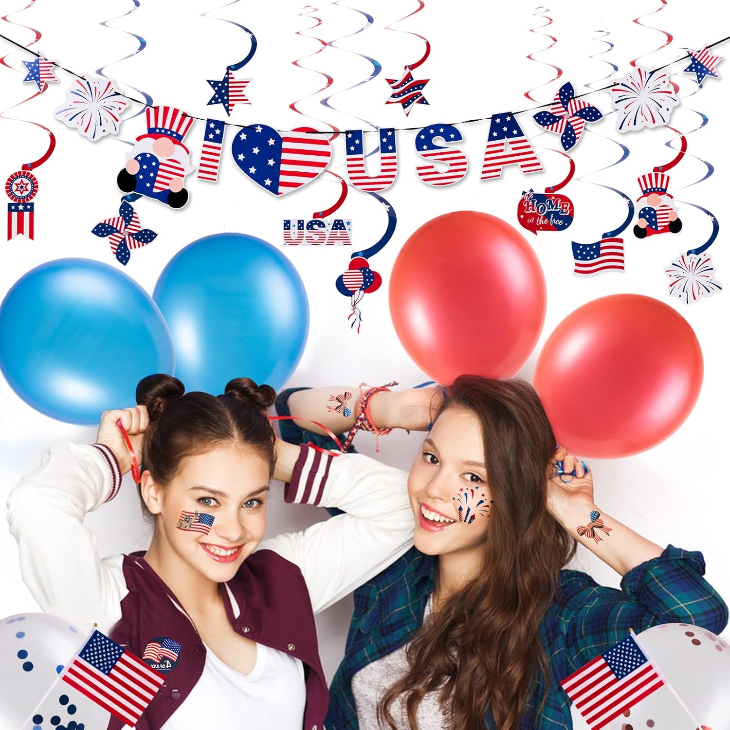 Detalle de SUNBEAUTY Unabhängigkeitstag Party Dekoration Set – 4. Juli USA Deko mit Flaggen, Luftballons, Papierfächern, Girlande und Tattoo-Aufklebern