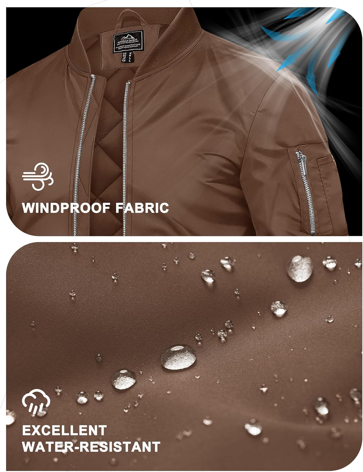 Detalle 2 de TACVASEN WSTACV-1076-Black-M Men's Quilted Bomber Jacket, Water-Resistant