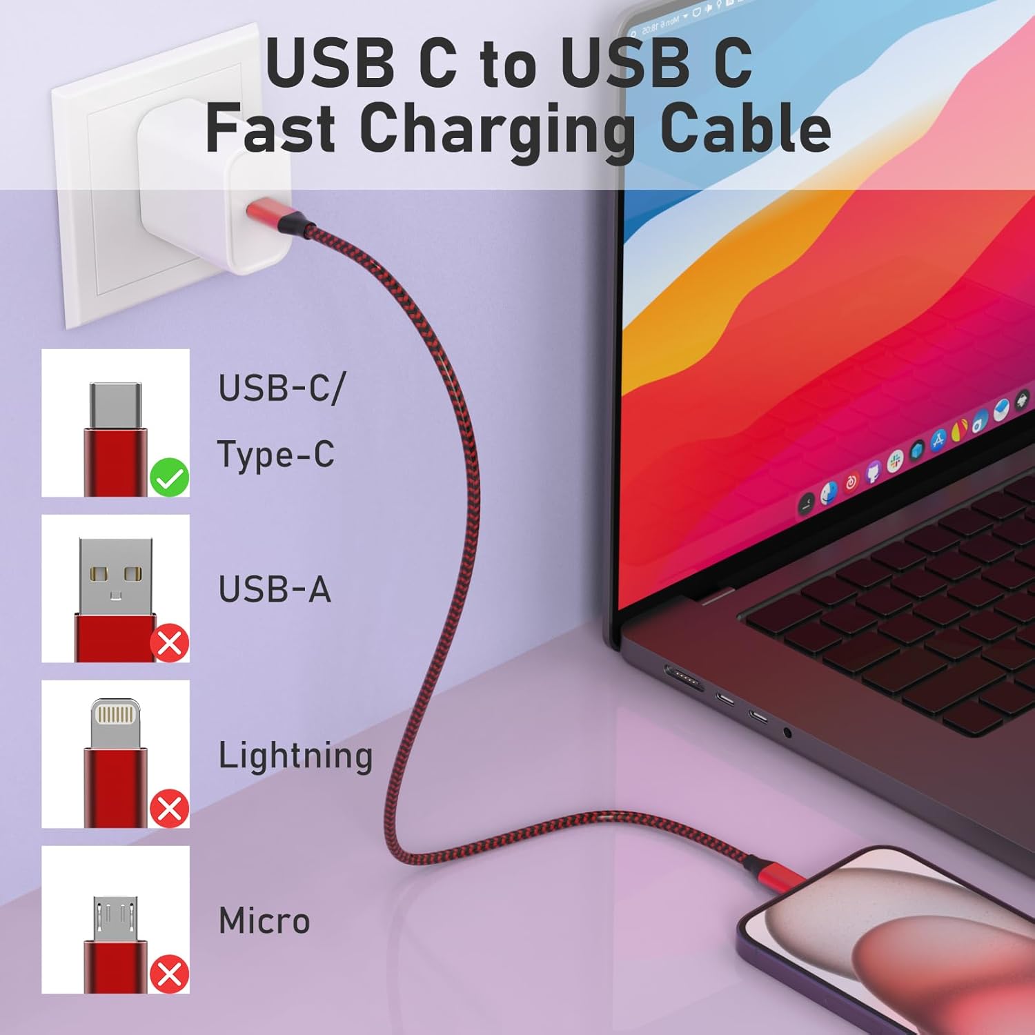 Thumbnail 2 de USB-C to USB-C Charger Cable 3-Pack, 6ft Nylon Braided, 60W (3A) – Fast, Durable Power for iPhone, iPad, Samsung & More