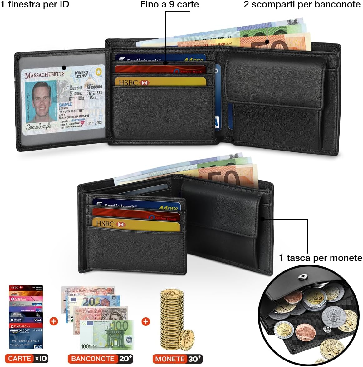 Detalle 2 de WONSEFOO Portafoglio Uomo in Vera Pelle con Blocco RFID, Mini Porterà 9 Carte, Finestra ID e Portamonete