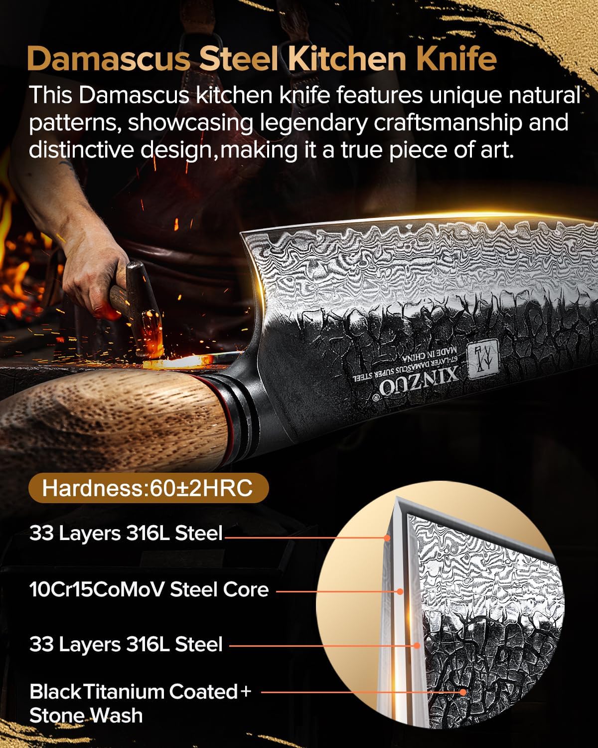 Thumbnail 1 de Couteau de chef Kiritsuke XINZUO 21,1 cm en acier damas 67 couches avec manche en chêne blanc