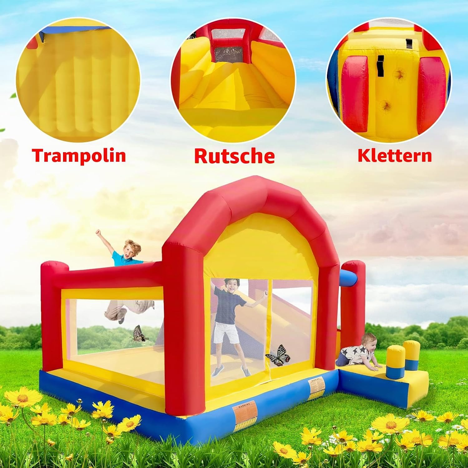 Detalle 2 de Ballsea Hüpfburg XXL – Großes aufblasbares Schloss mit Trampolin, Rutsche & Kletterwand (ohne Gebläse)