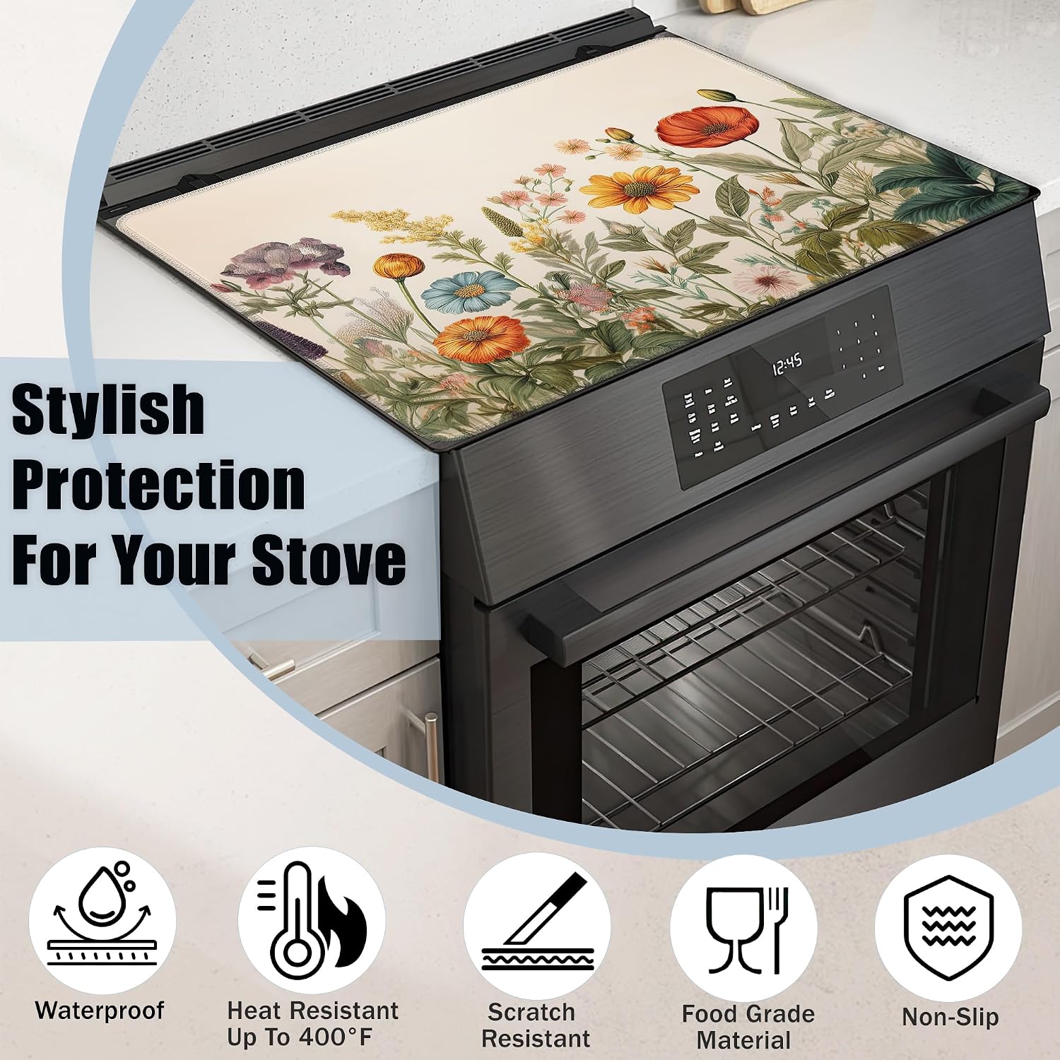 Detalle de YIKTI Wild Flowers 28 x 20 Inch Stove Cover, Washable Heat-Resistant Mat