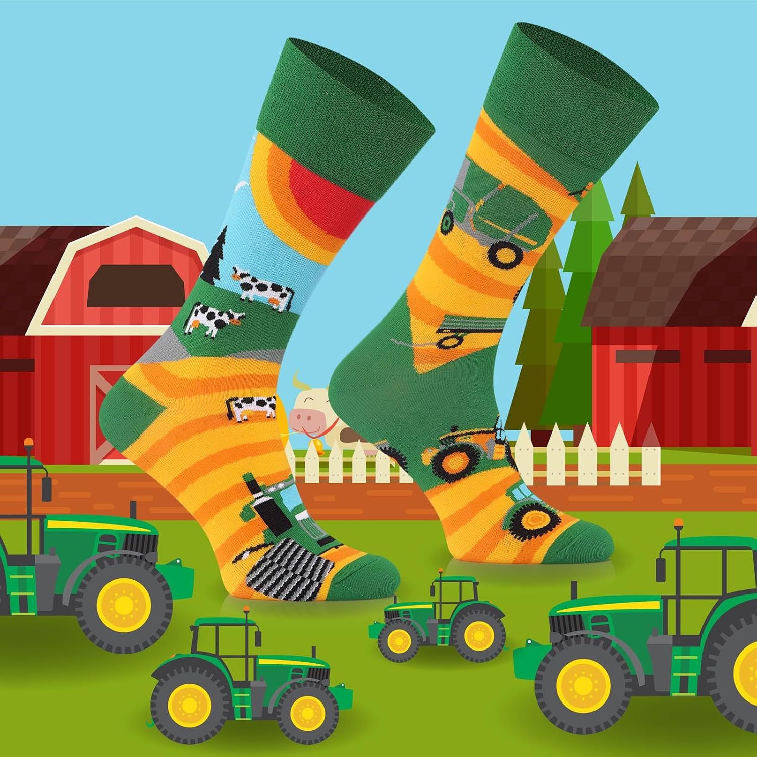 Detalle de TODO Colours Lustige Socken mit Motiv – Mehrfarbige Traktor- und Dorf-Motivsocken