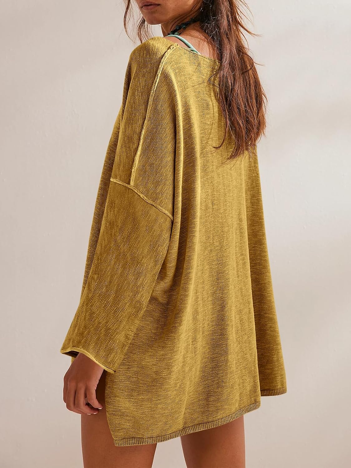 Detalle 2 de Tankaneo Oversized Long-Sleeve Knit Tunic Sweater, Cotton, Boat Neck, Side Slits