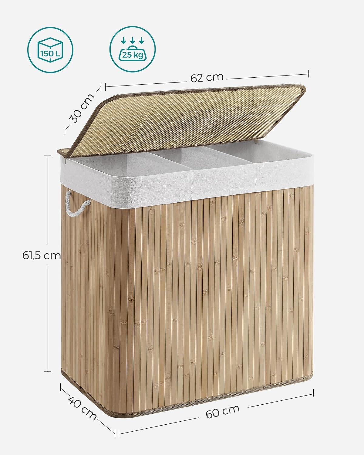 Detalle de SONGMICS RONEX Collection LCB091N01 wasmand 150 liter met 3 vakken en bamboe