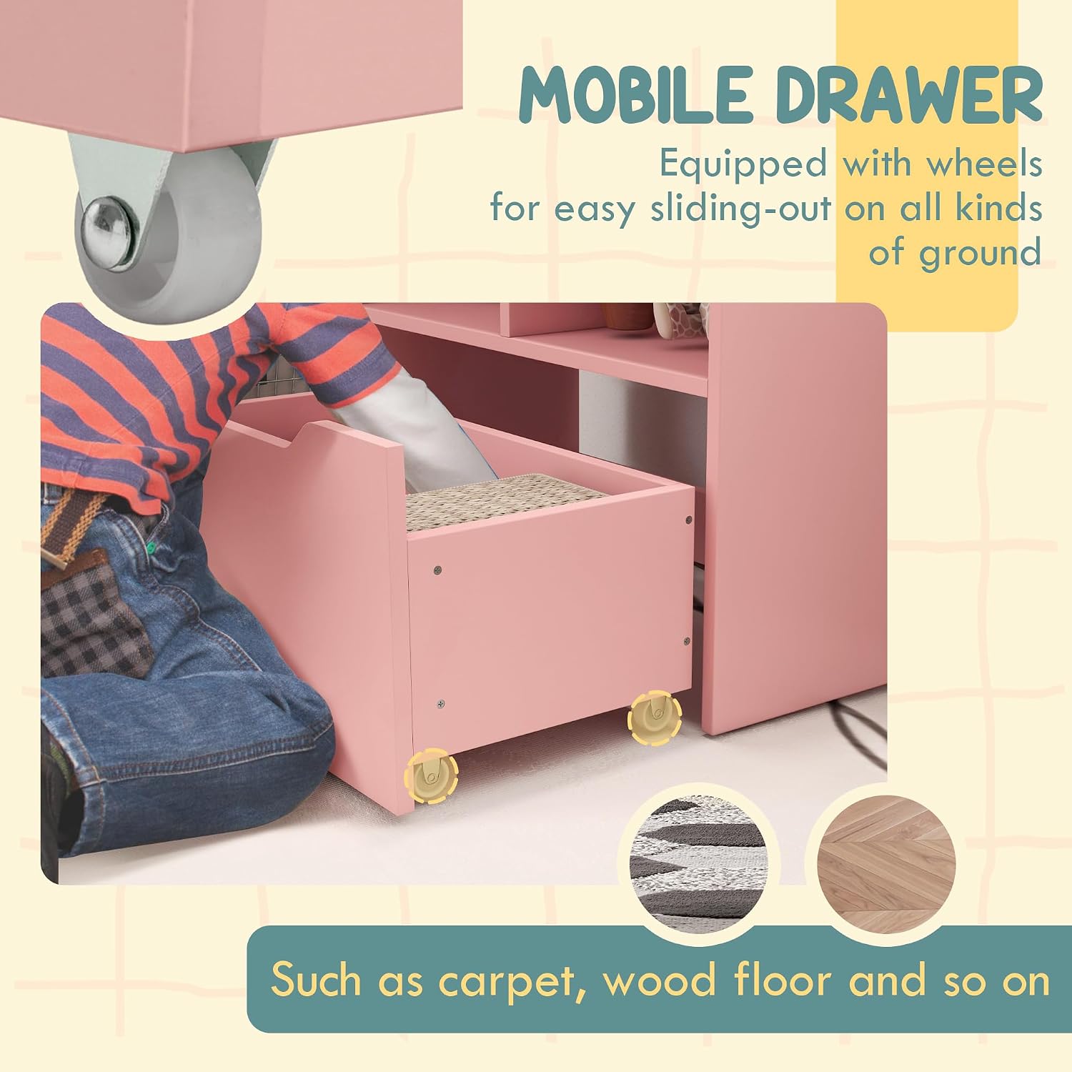 Thumbnail 5 de HOMCOM 311-048V80PK Kids Bookcase, Pink, 3 Shelves and Wheeled Drawer