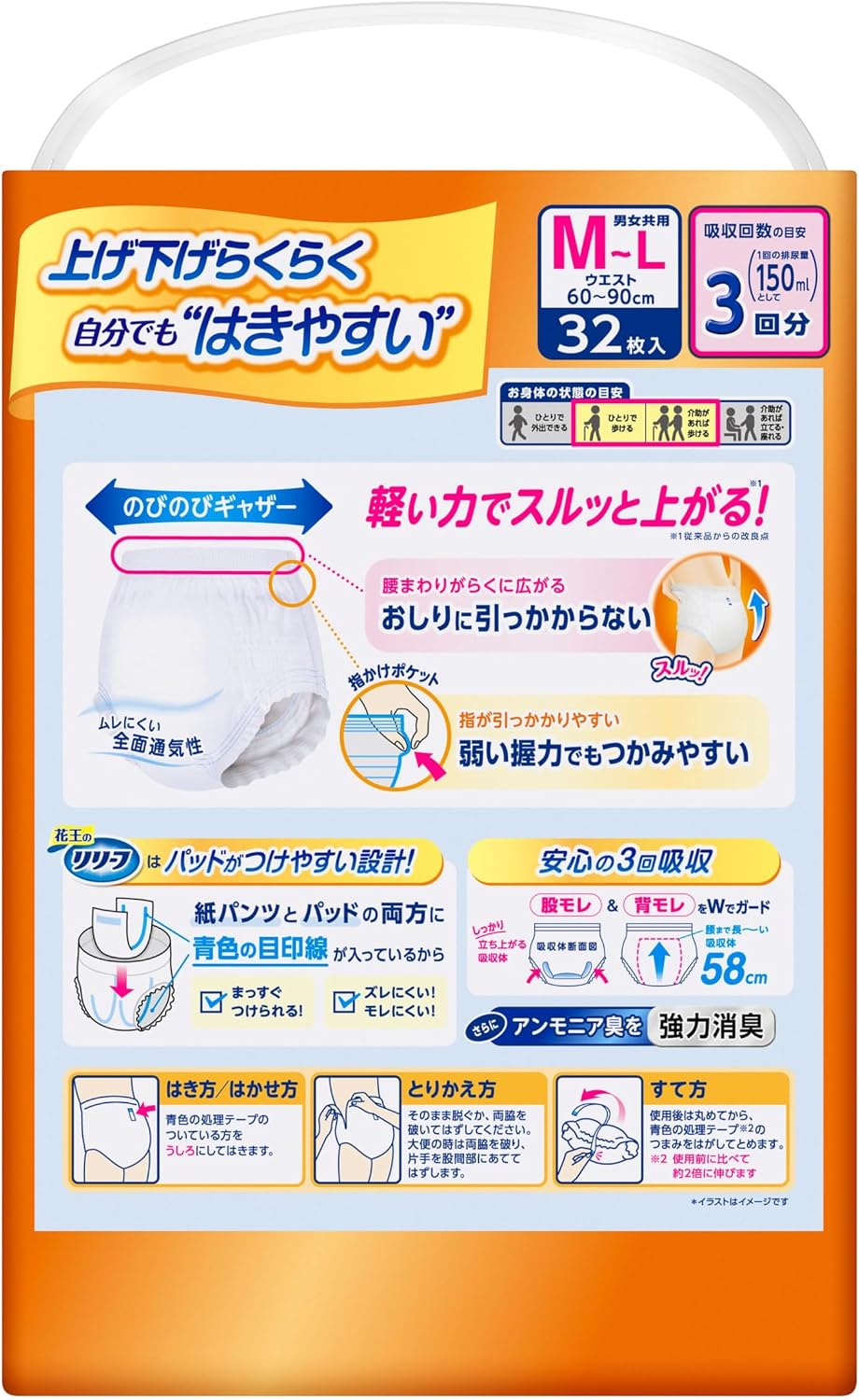 Detalle 2 de リリーフ 上げ下げらくらくうす型パンツ M-L 大人用紙おむつ 3回吸収・32枚×2パック